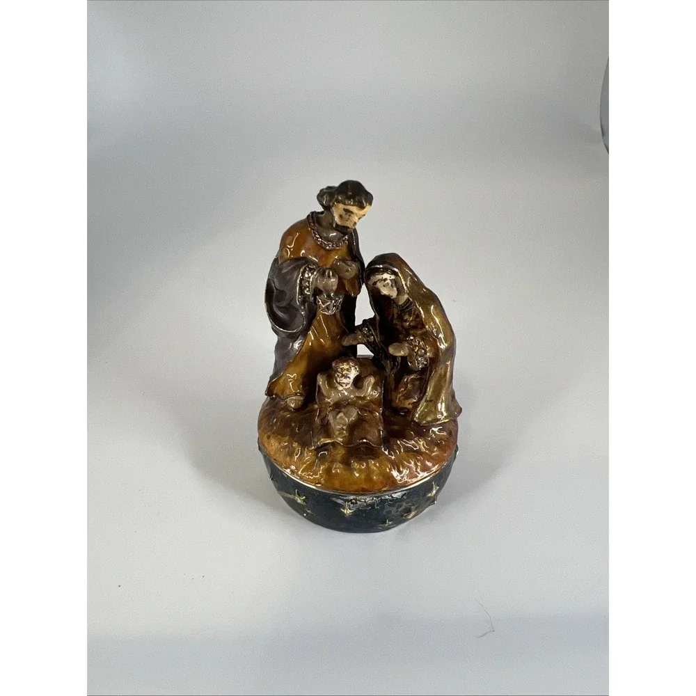 Vintage Nativity Trinket Box Cast Metal Holy Family‎ Hinged Made in China